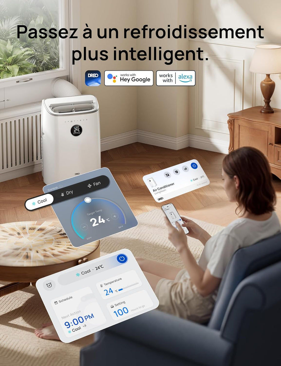 Climatiseur Mobile REO 7500 BTU 3-en-1 – Refroidissement, Ventilation & Déshumidification | Silencieux, Contrôle App & Voix, Kit Fenêtre Inclus
