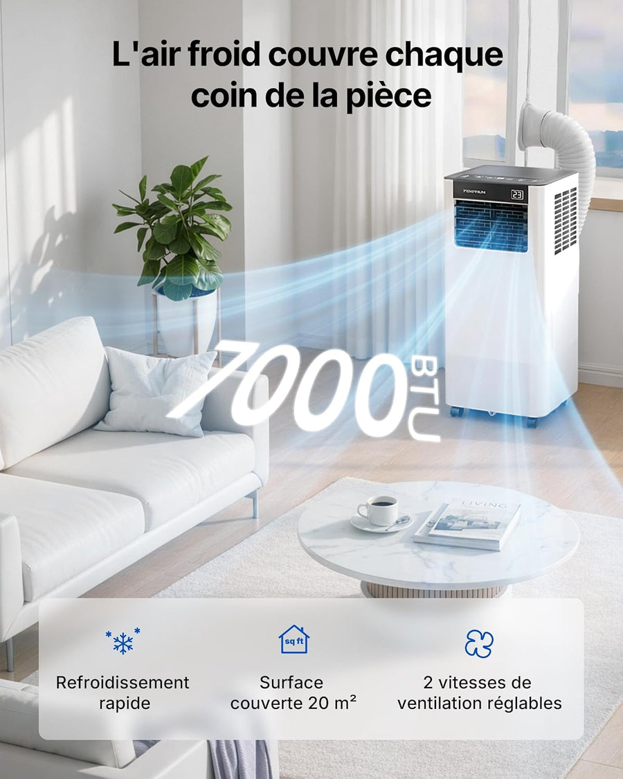 Climatiseur Mobile 7000 BTU 3-en-1 — App, 48 dB, Kit Fenêtre
